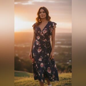 Floral Print V Neck Flutter Sleeve Midi Dress in Blue